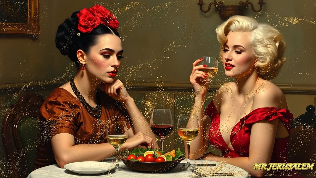 Frida Kahlo - Dinner With Marilyn Monroe-D2, Limited Edition of 50 Pieces, Signed & Numbered: Please note the images you see here for the artworks is protected with artist name in gold & gold glitter watermark. The original artworks will be unique and one-of-a-kind, hand painted with glue