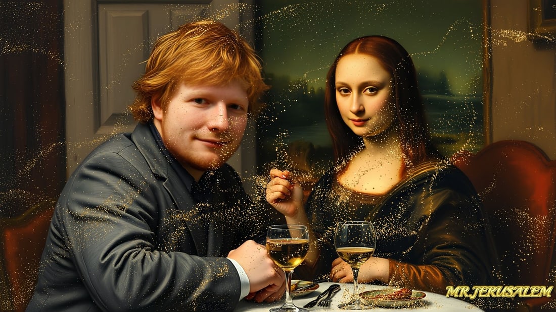 Ed Sheeran - Dinner With Mona Lisa-D2, Limited Edition of 50 Pieces, Signed & Numbered: Please note the images you see here for the artworks is protected with artist name in gold & gold glitter watermark. The original artworks will be unique and one-of-a-kind, hand painted with glue