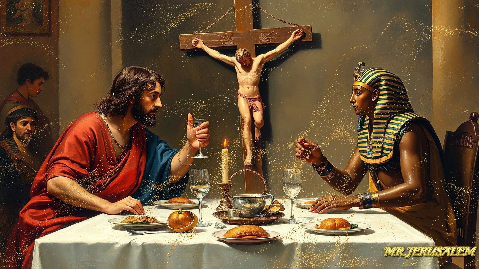 Jesus Christ Dinner With Tutankhamun-D2, Limited Edition of 50 Pieces: Please note the images you see here for the artworks is protected with artist name in gold & gold glitter watermark. The original artworks will be unique and one-of-a-kind, hand painted with glue