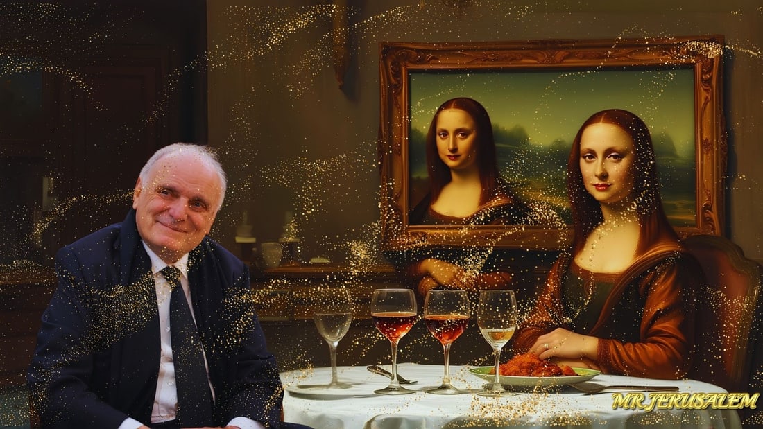 David Nahmad - Dinner With Mona Lisa-D1, Limited Edition of 50 Pieces, Signed & Numbered: Please note the images you see here for the artworks is protected with artist name in gold & gold glitter watermark. The original artworks will be unique and one-of-a-kind, hand painted with glue
