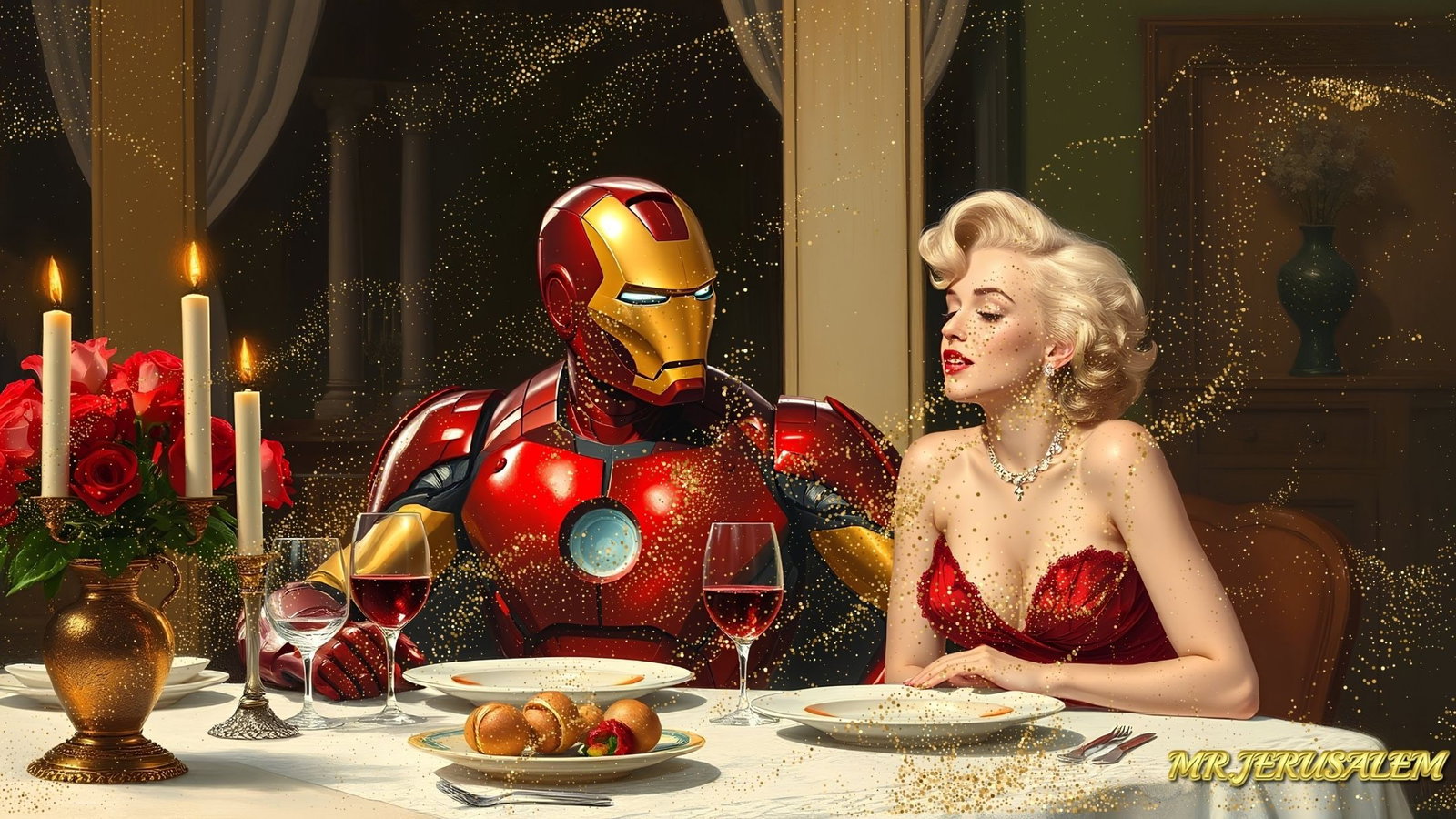 Ironman - Dinner With Marilyn Monroe-D2, Limited Edition of 50 Pieces, Signed & Numbered: Please note the images you see here for the artworks is protected with artist name in gold & gold glitter watermark. The original artworks will be unique and one-of-a-kind, hand painted with glue