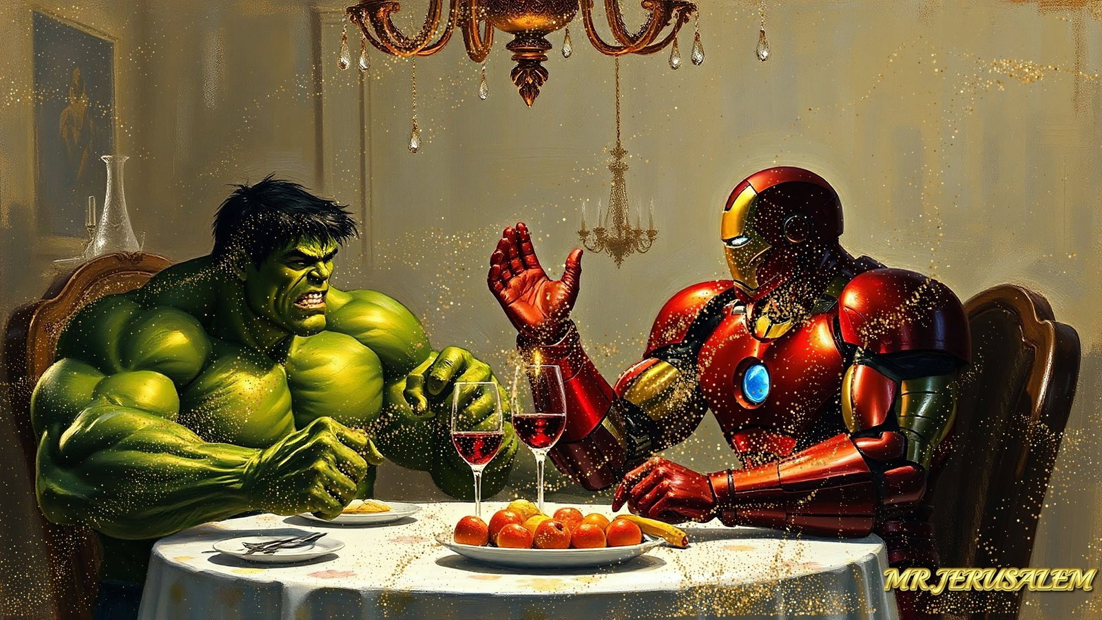 Hulk Dinner With Ironman-D2, Canvas Mixed Media, Limited Edition of 50 Pieces: Please note the images you see here for the artworks is protected with artist name in gold & gold glitter watermark. The original artworks will be unique and one-of-a-kind, hand painted with glue