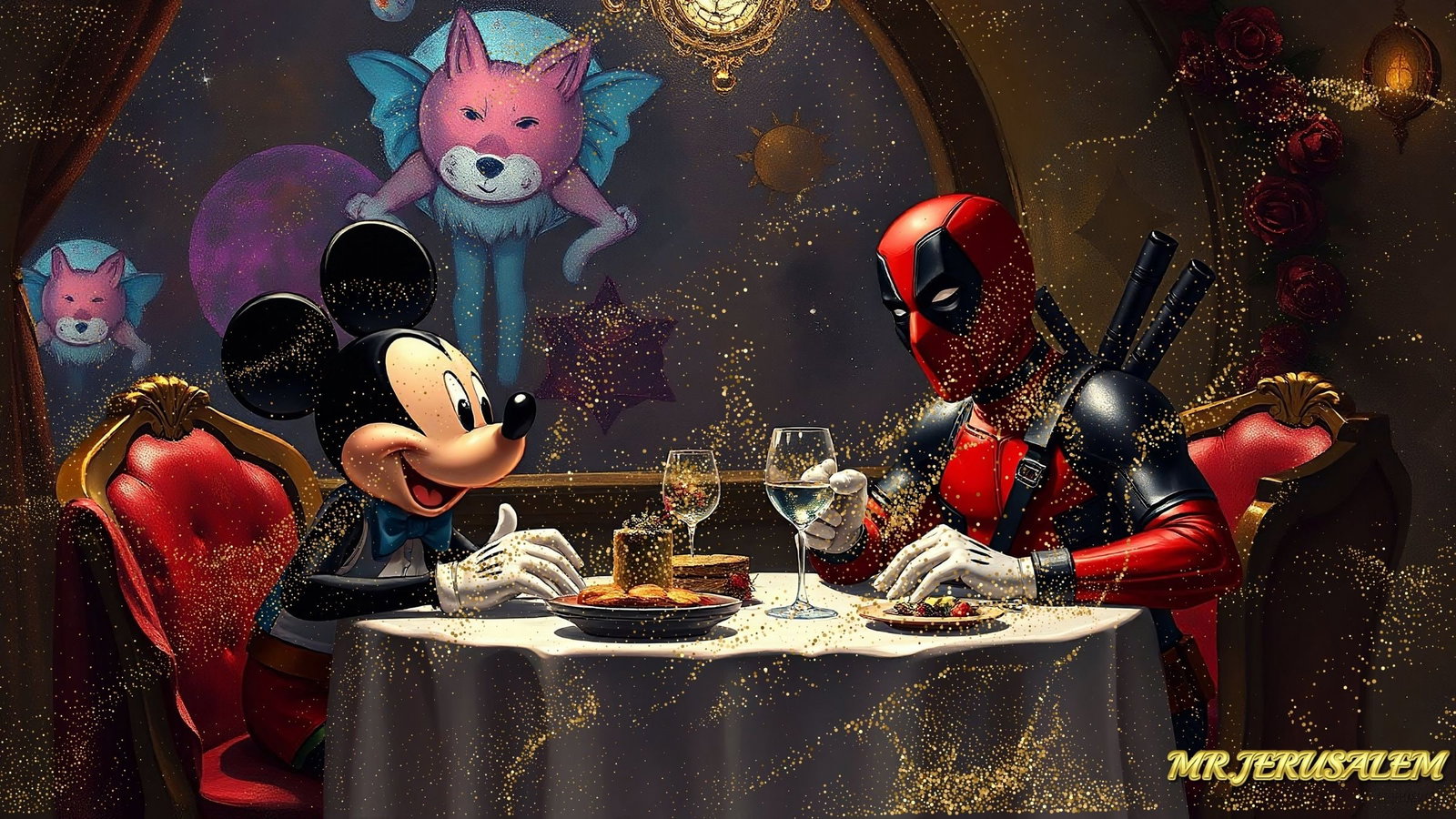 Mickey Mouse Dinner With Deadpool , Canvas Mixed Media, Limited Edition of 50 Pieces: Please note the images you see here for the artworks is protected with artist name in gold & gold glitter watermark. The original artworks will be unique and one-of-a-kind, hand painted with glue