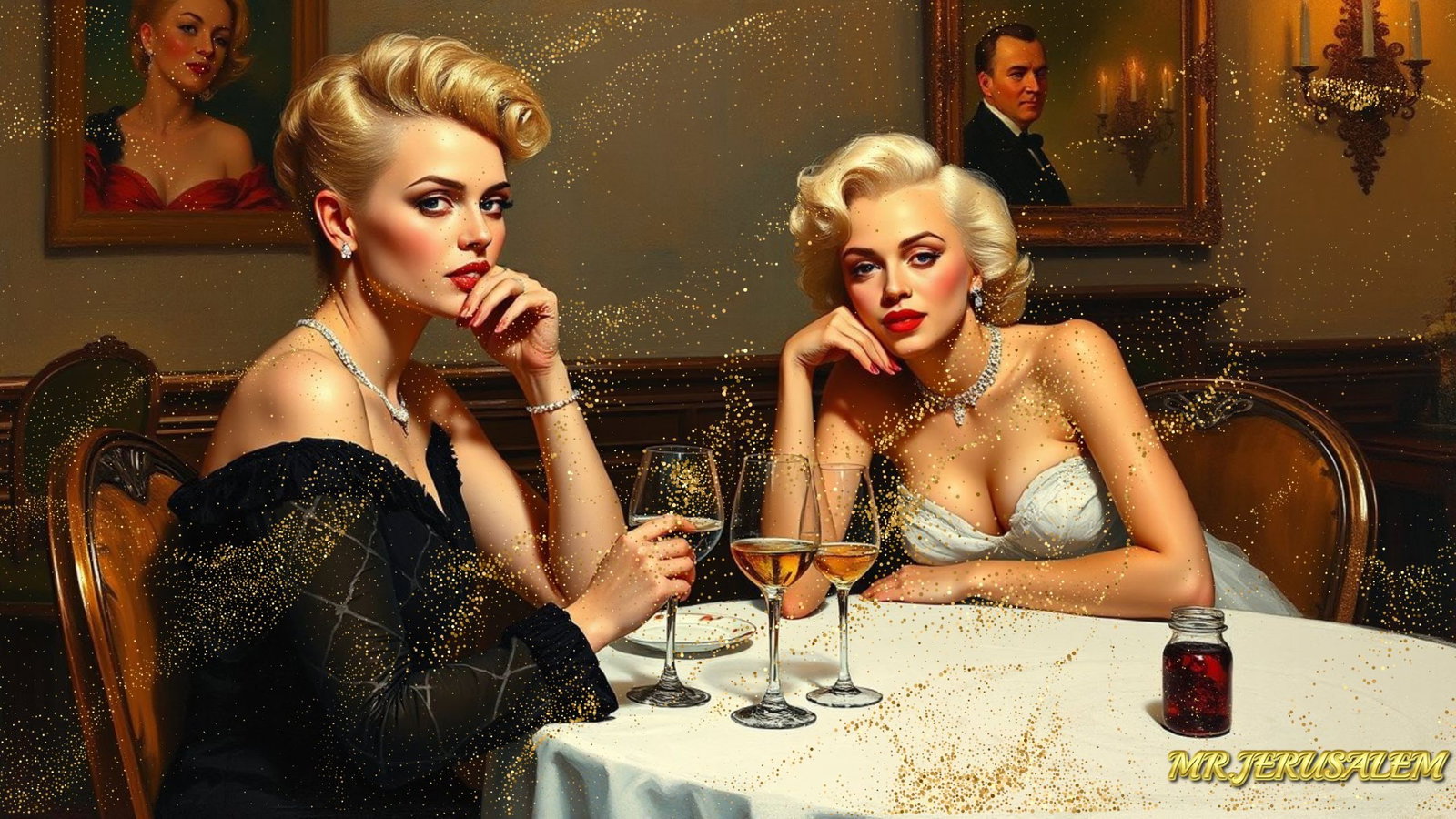 Paris Hilton - Dinner With Marilyn Monroe-D1, Limited Edition of 50 Pieces, Signed & Numbered: Please note the images you see here for the artworks is protected with artist name in gold & gold glitter watermark. The original artworks will be unique and one-of-a-kind, hand painted with glue