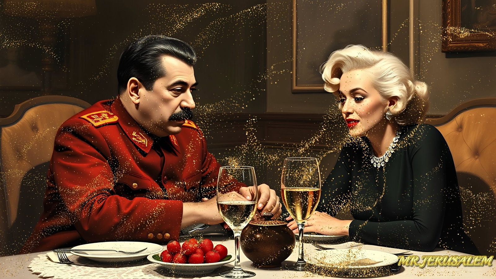 Joseph Stalin - Dinner With Marilyn Monroe-D2, Limited Edition of 50 Pieces, Signed & Numbered: Please note the images you see here for the artworks is protected with artist name in gold & gold glitter watermark. The original artworks will be unique and one-of-a-kind, hand painted with glue 