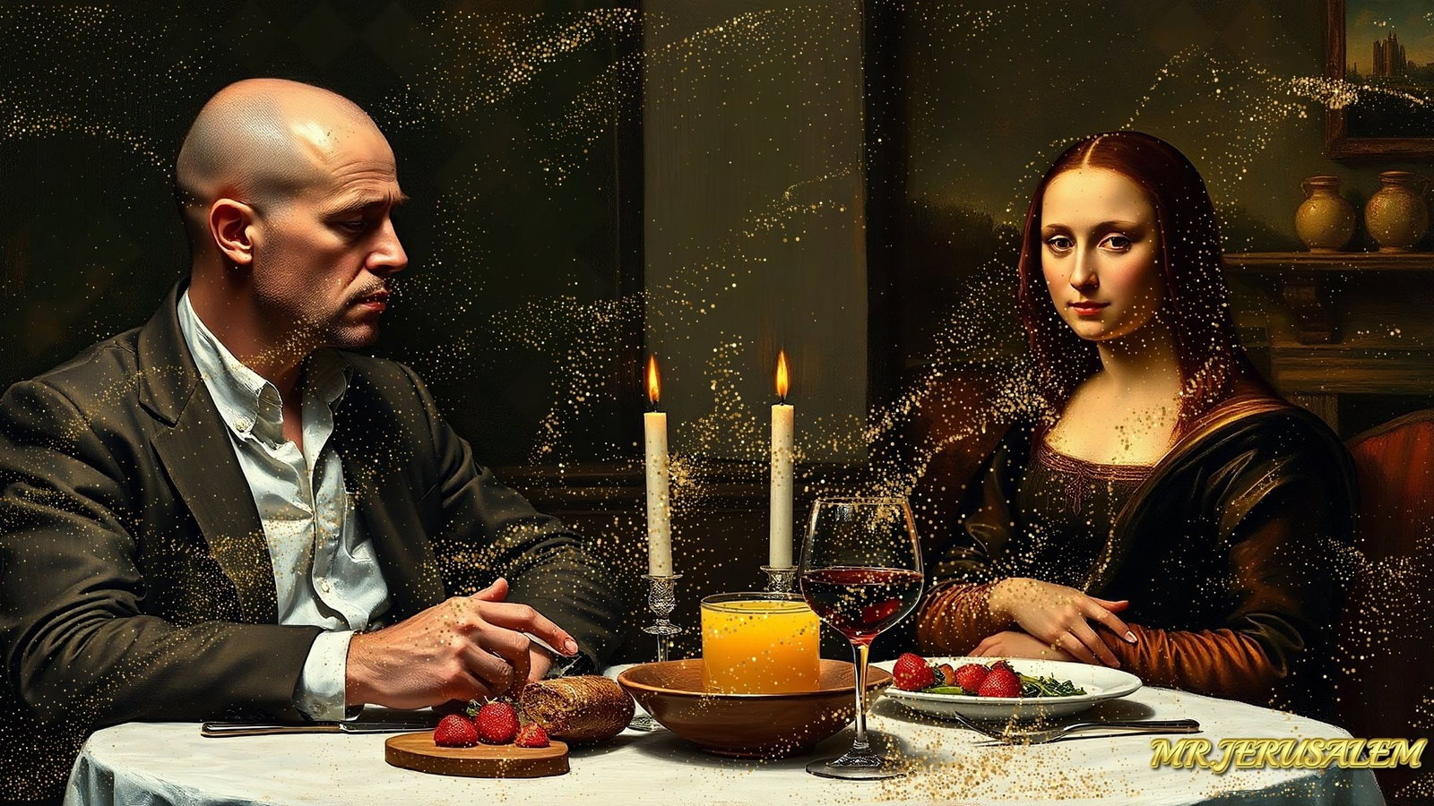 Jackson Pollock - Dinner With Mona Lisa-D1, Limited Edition of 50 Pieces, Signed & Numbered: Please note the images you see here for the artworks is protected with artist name in gold & gold glitter watermark. The original artworks will be unique and one-of-a-kind, hand painted with glue