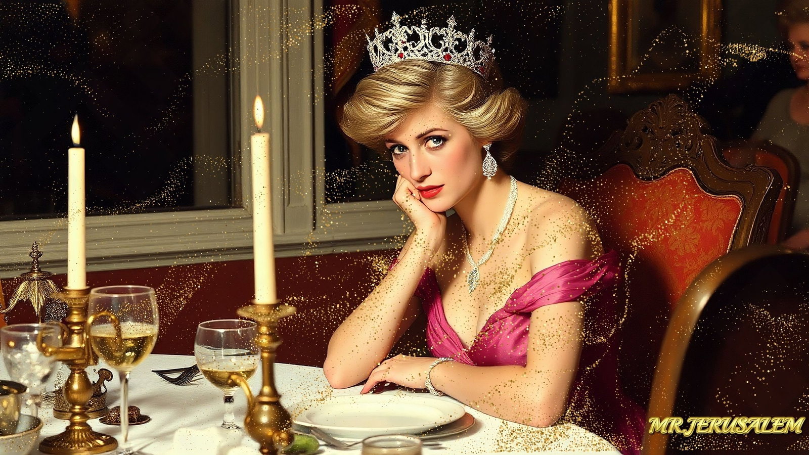 Princess Diana- Dinner Alone-D2, Mixed Media,Limited Edition of 50 Pieces, Signed and numbered: Please note the images you see here for the artworks is protected with artist name in gold & gold glitter watermark. The original artworks will be unique and one-of-a-kind, hand painted with glue