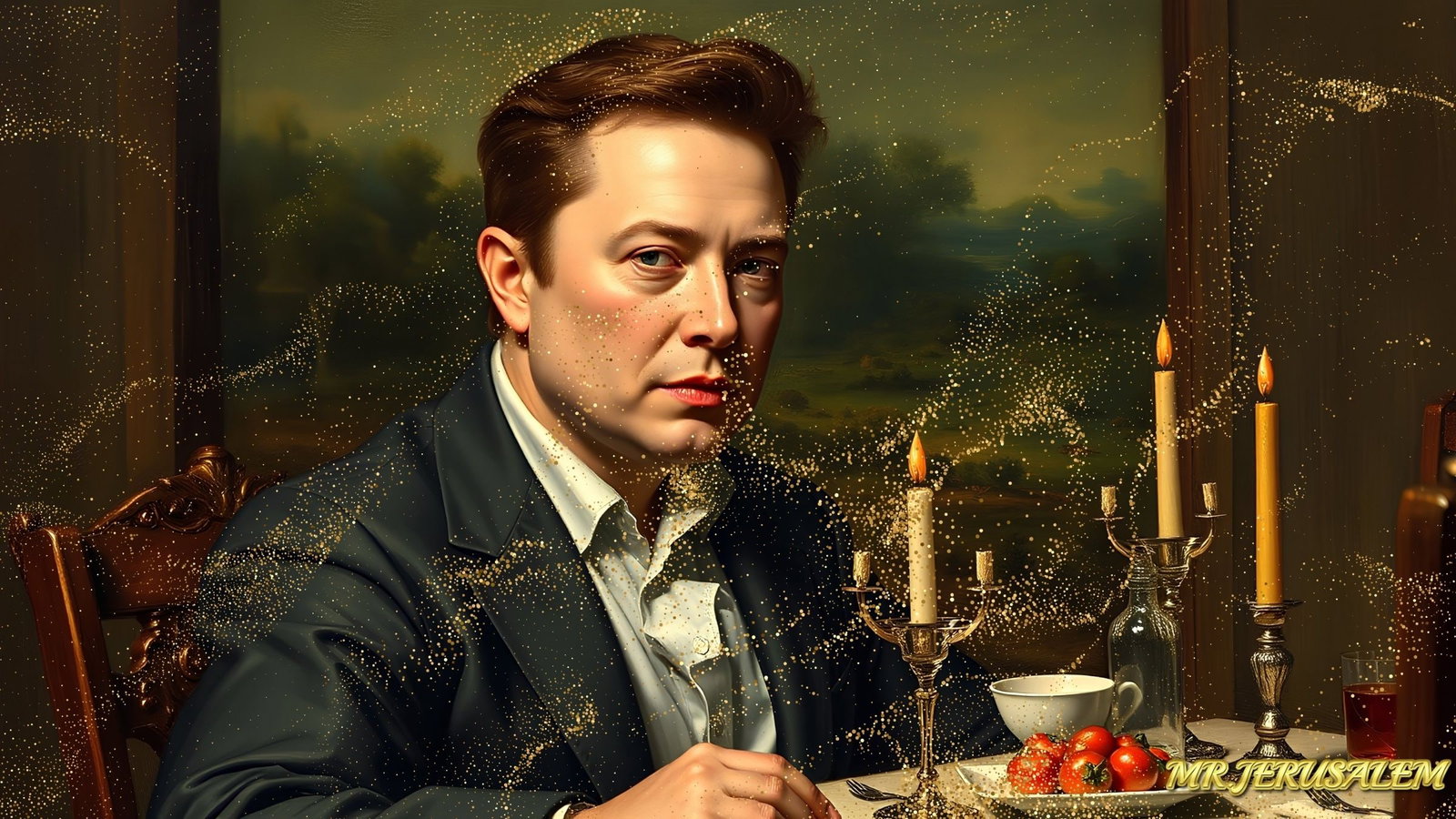 Elon Musk Dinner Alone, Canvas Mixed Media, Limited Edition of 50 Pieces: Please note the images you see here for the artworks is protected with artist name in gold & gold glitter watermark. The original artworks will be unique and one-of-a-kind, hand painted with glue