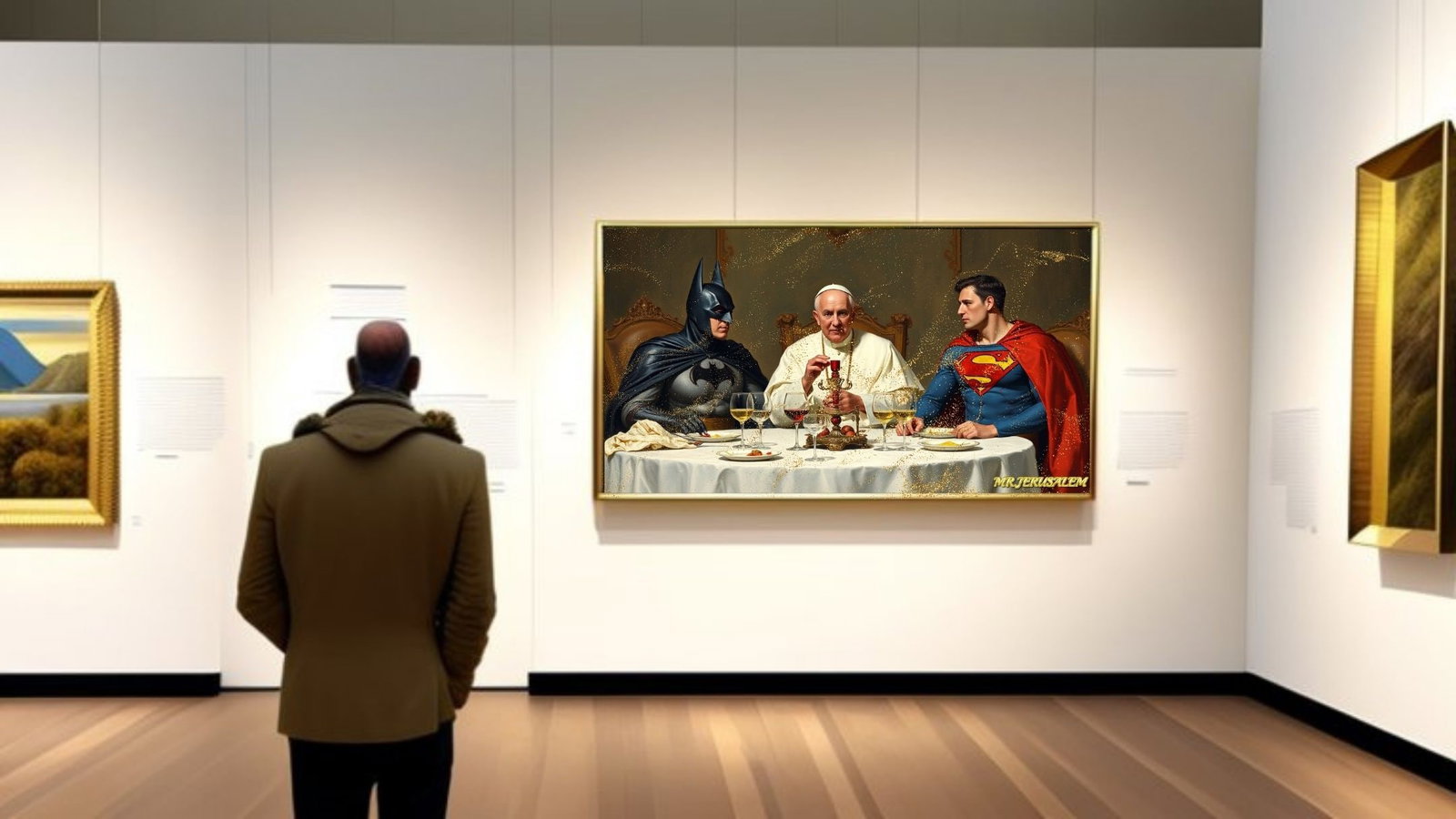 Pope Francis- Dinner With Batman & Superman,Mix Media, Limited Edition of 50 Pieces, Signed & Numbe - 2
