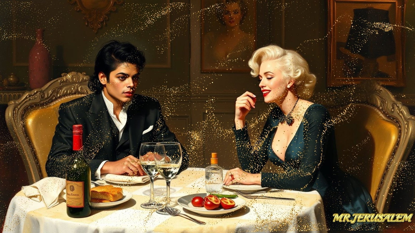 Michael Jackson - Dinner With Marilyn Monroe-D1, Limited Edition of 50 Pieces, Signed & Numbered: Please note the images you see here for the artworks is protected with artist name in gold & gold glitter watermark. The original artworks will be unique and one-of-a-kind, hand painted with glue
