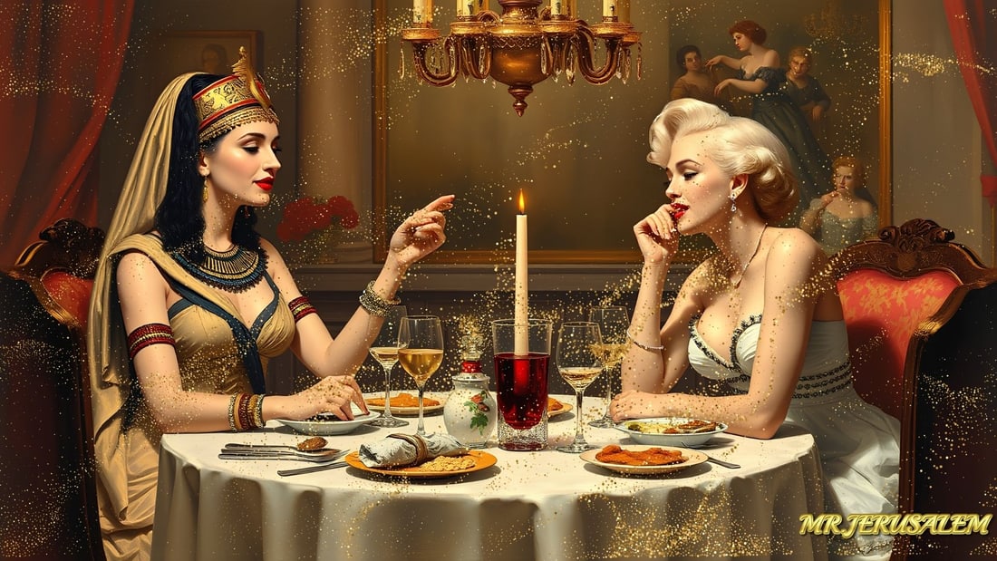 Cleopatra - Dinner With Marilyn Monroe-D2, Limited Edition of 50 Pieces, Signed & Numbered: Please note the images you see here for the artworks is protected with artist name in gold & gold glitter watermark. The original artworks will be unique and one-of-a-kind, hand painted with glue