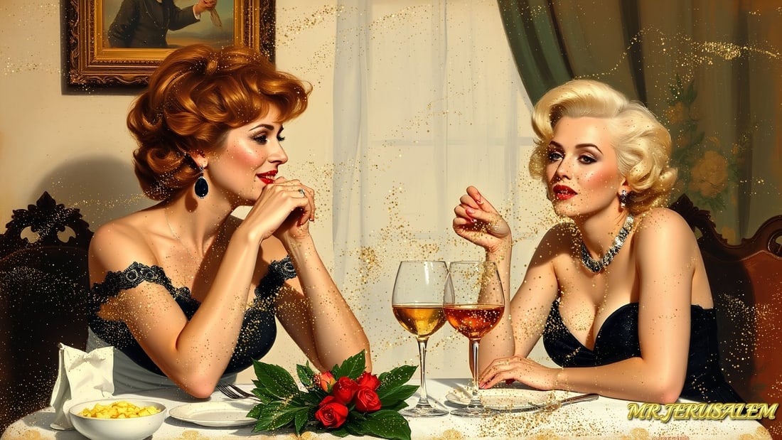 Celine Dion - Dinner With Marilyn Monroe-D2, Limited Edition of 50 Pieces, Signed & Numbered: Please note the images you see here for the artworks is protected with artist name in gold & gold glitter watermark. The original artworks will be unique and one-of-a-kind, hand painted with glue 