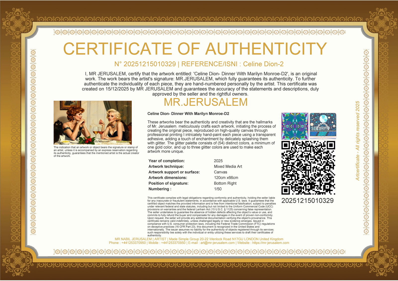 Celine Dion - Dinner With Marilyn Monroe-D2, Limited Edition of 50 Pieces, Signed & Numbered - 3