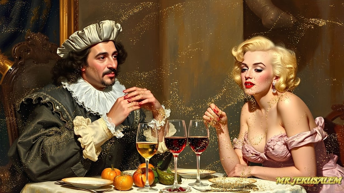Christopher Columbus - Dinner With Marilyn Monroe-D2, Limited Edition of 50 Pieces, Signed & Number: Please note the images you see here for the artworks is protected with artist name in gold & gold glitter watermark. The original artworks will be unique and one-of-a-kind, hand painted with glue 