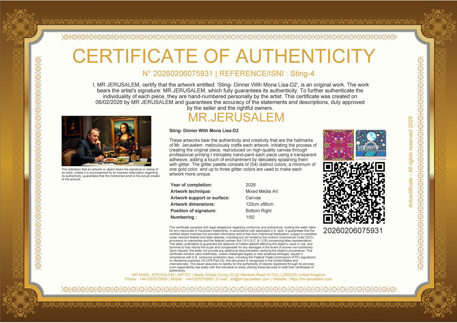 Sting - Dinner With Mona Lisa-D2, Limited Edition of 50 Pieces, Signed & Numbered - 3