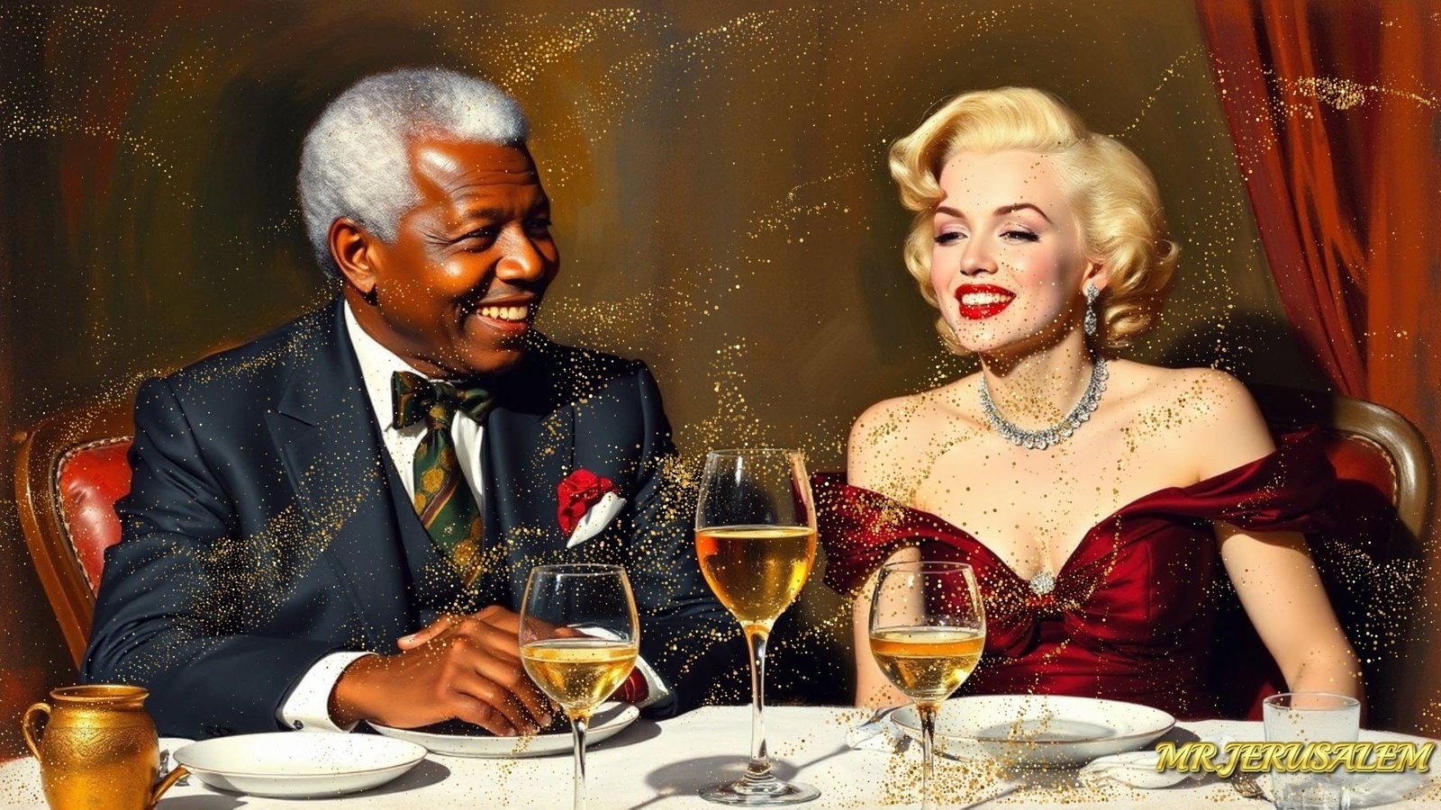 Nelson Mandela - Dinner With Marilyn Monroe-D2, Limited Edition of 50 Pieces, Signed & Numbered: Please note the images you see here for the artworks is protected with artist name in gold & gold glitter watermark. The original artworks will be unique and one-of-a-kind, hand painted with glue