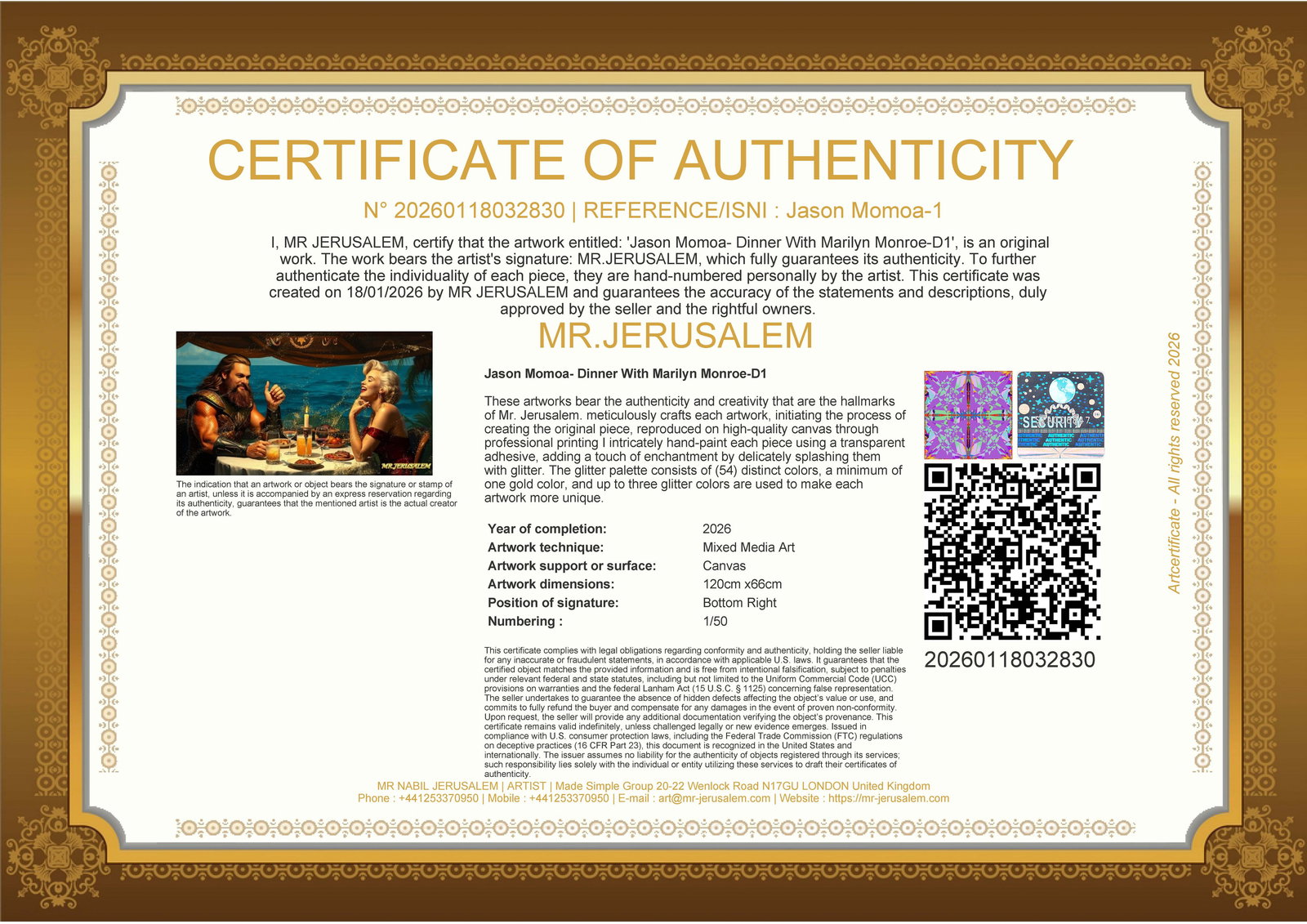 Jason Momoa - Dinner With Marilyn Monroe-D1, Limited Edition of 50 Pieces,, Signed & Numbered - 3