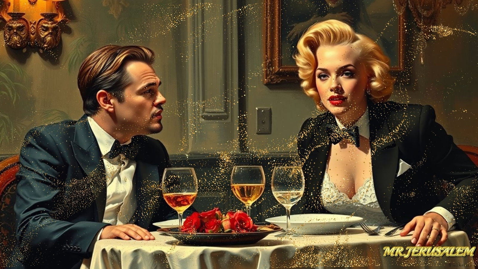 Leonardo DiCaprio - Dinner With Marilyn Monroe-D2, Limited Edition of 50 Pieces, Signed & Numbered: Please note the images you see here for the artworks is protected with artist name in gold & gold glitter watermark. The original artworks will be unique and one-of-a-kind, hand painted with glue