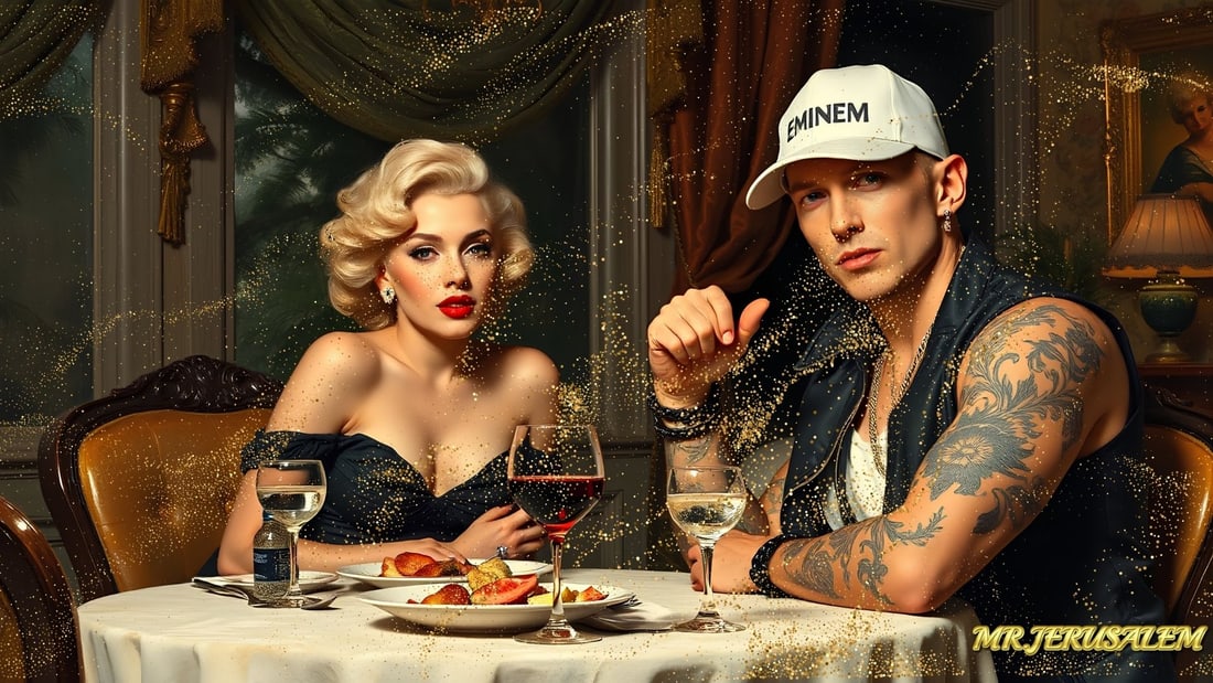 Eminem - Dinner With Marilyn Monroe-D1, Limited Edition of 50 Pieces, Signed & Numbered: Please note the images you see here for the artworks is protected with artist name in gold & gold glitter watermark. The original artworks will be unique and one-of-a-kind, hand painted with glue
