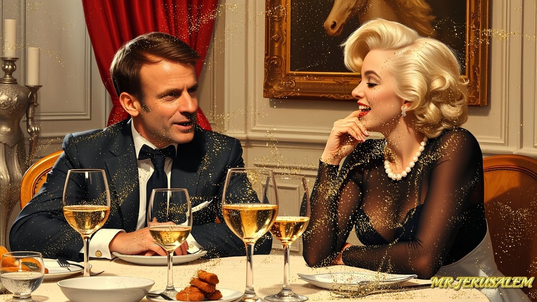 Emmanuel Macron - Dinner With Marilyn Monroe-D2, Limited Edition of 50 Pieces, Signed & Numbered: Please note the images you see here for the artworks is protected with artist name in gold & gold glitter watermark. The original artworks will be unique and one-of-a-kind, hand painted with glue