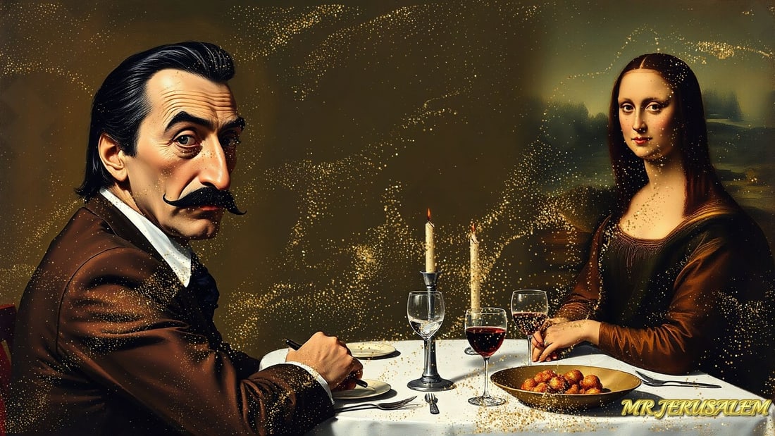 Salvador Dali - Dinner With Mona Lisa-D2, Limited Edition of 50 Pieces, Signed & Numbered: Please note the images you see here for the artworks is protected with artist name in gold & gold glitter watermark. The original artworks will be unique and one-of-a-kind, hand painted with glue