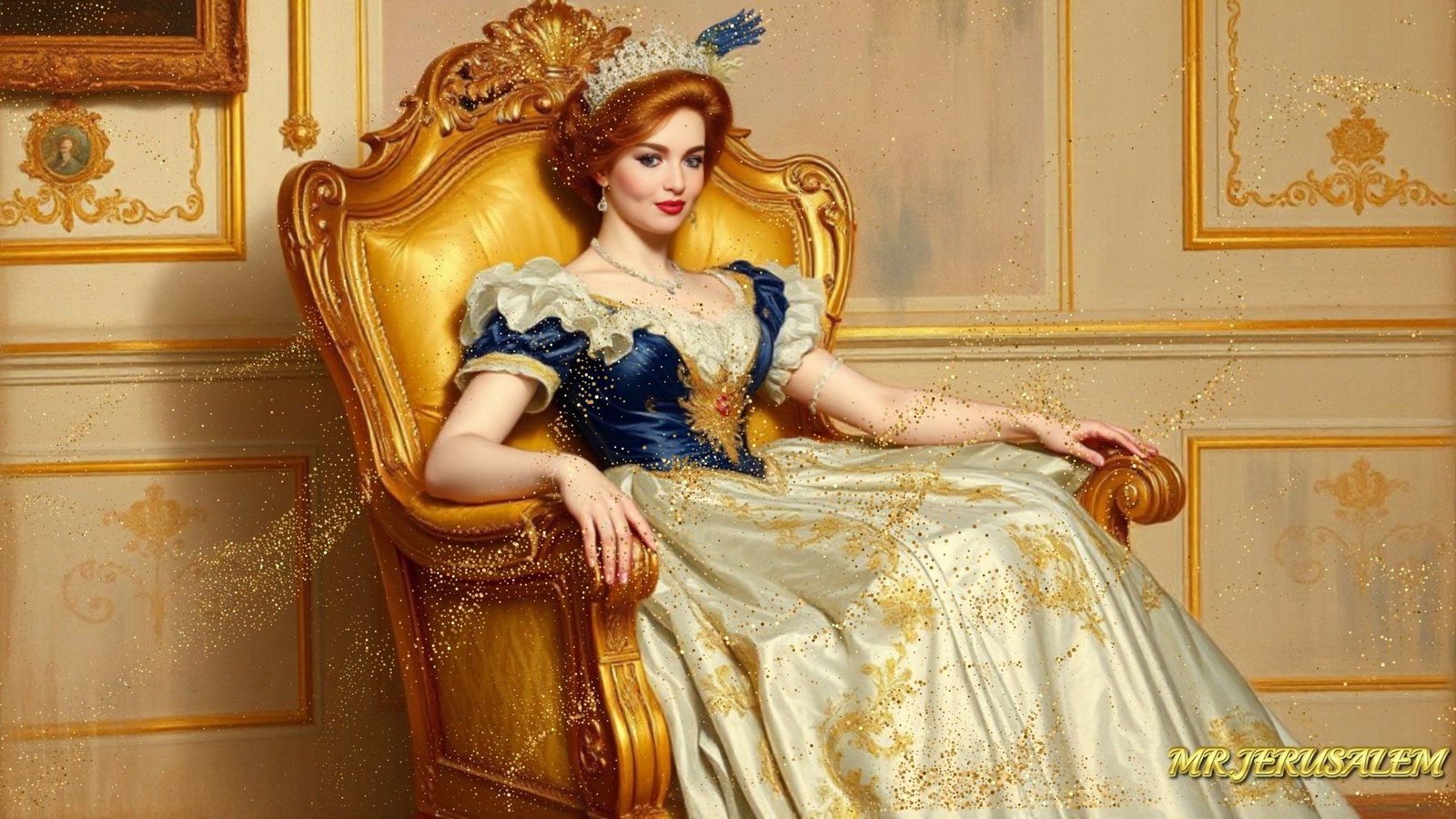 Princess On Chair-D1, Canvas Mixed Media, Limited Edition of 50 Pieces Signed and Numbered: Please note the images you see here for the artworks is protected with artist name in gold & gold glitter watermark. The original artworks will be unique and one-of-a-kind, hand painted with glue