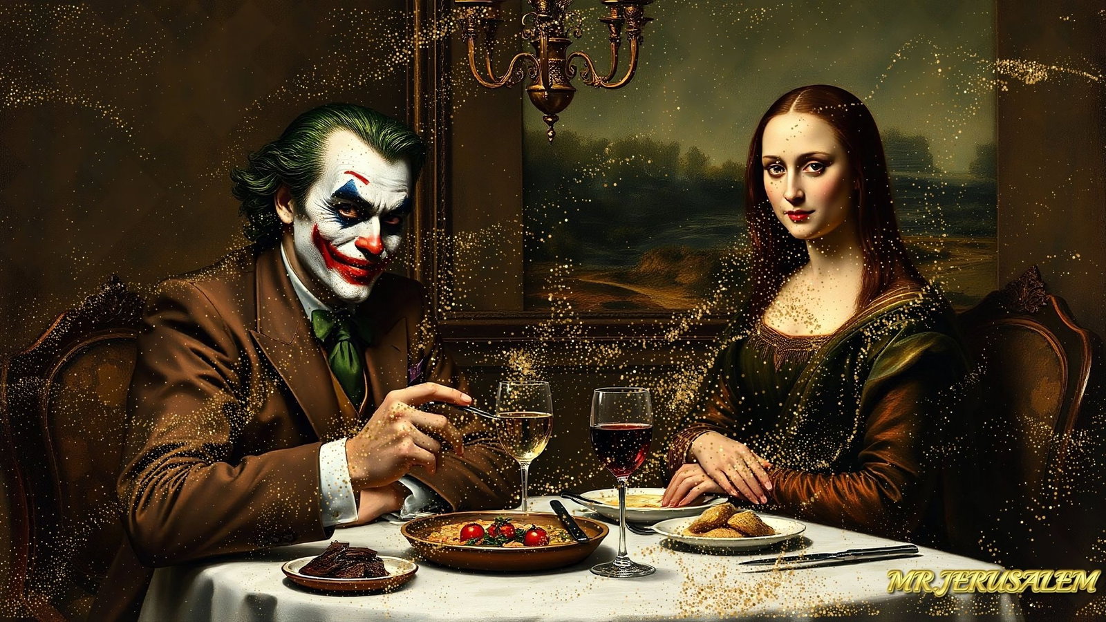 Joker - Dinner With Mona Lisa-D1, Limited Edition of 50 Pieces, Signed & Numbered: Please note the images you see here for the artworks is protected with artist name in gold & gold glitter watermark. The original artworks will be unique and one-of-a-kind, hand painted with glue 