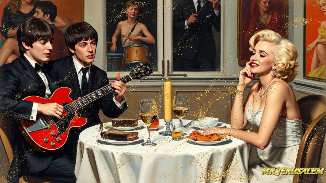 The Beatles - Dinner With Marliyn Monroe-D1, Limited Edition of 50 Pieces, Signed & Numbered: Please note the images you see here for the artworks is protected with artist name in gold & gold glitter watermark. The original artworks will be unique and one-of-a-kind, hand painted with glue 