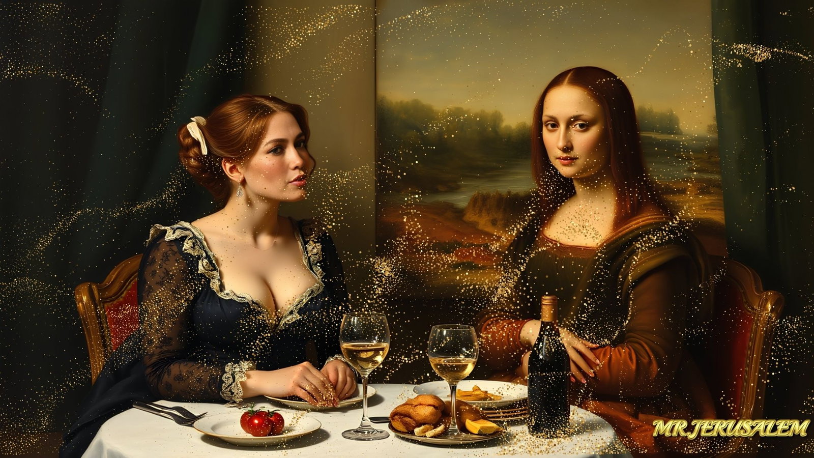 Jennifer Lopez - Dinner With Mona Lisa-D2,Limited Edition of 50 Pieces, Signed & Numbered: Please note the images you see here for the artworks is protected with artist name in gold & gold glitter watermark. The original artworks will be unique and one-of-a-kind, hand painted with glue