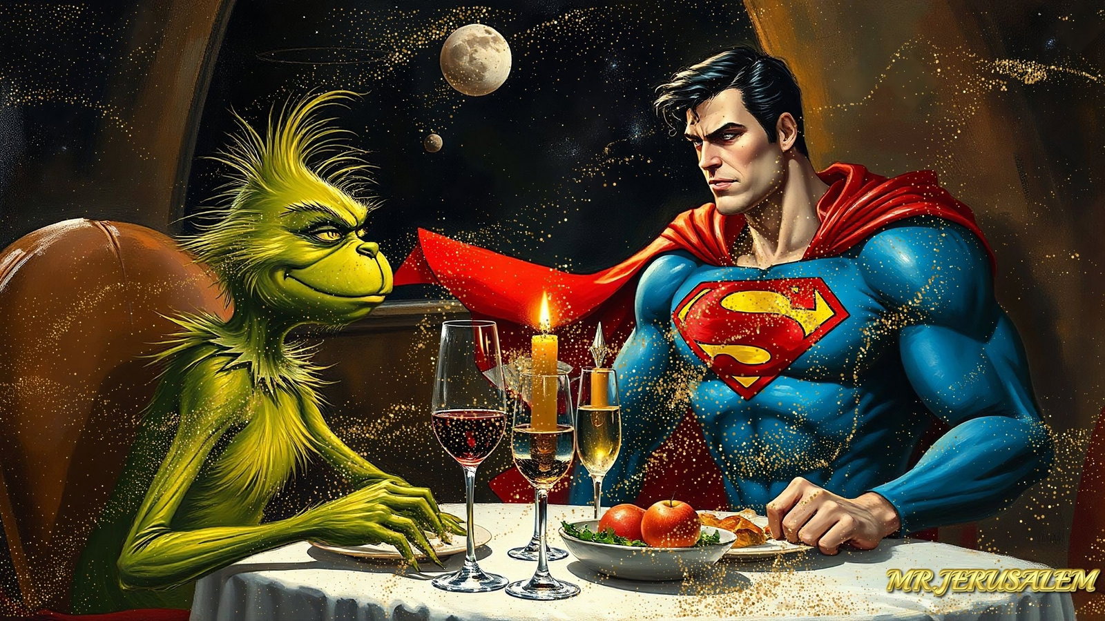 The Grinch Dinner With Superman, Canvas Mixed Media, Limited Edition of 50 Pieces: Please note the images you see here for the artworks is protected with artist name in gold & gold glitter watermark. The original artworks will be unique and one-of-a-kind, hand painted with glue 