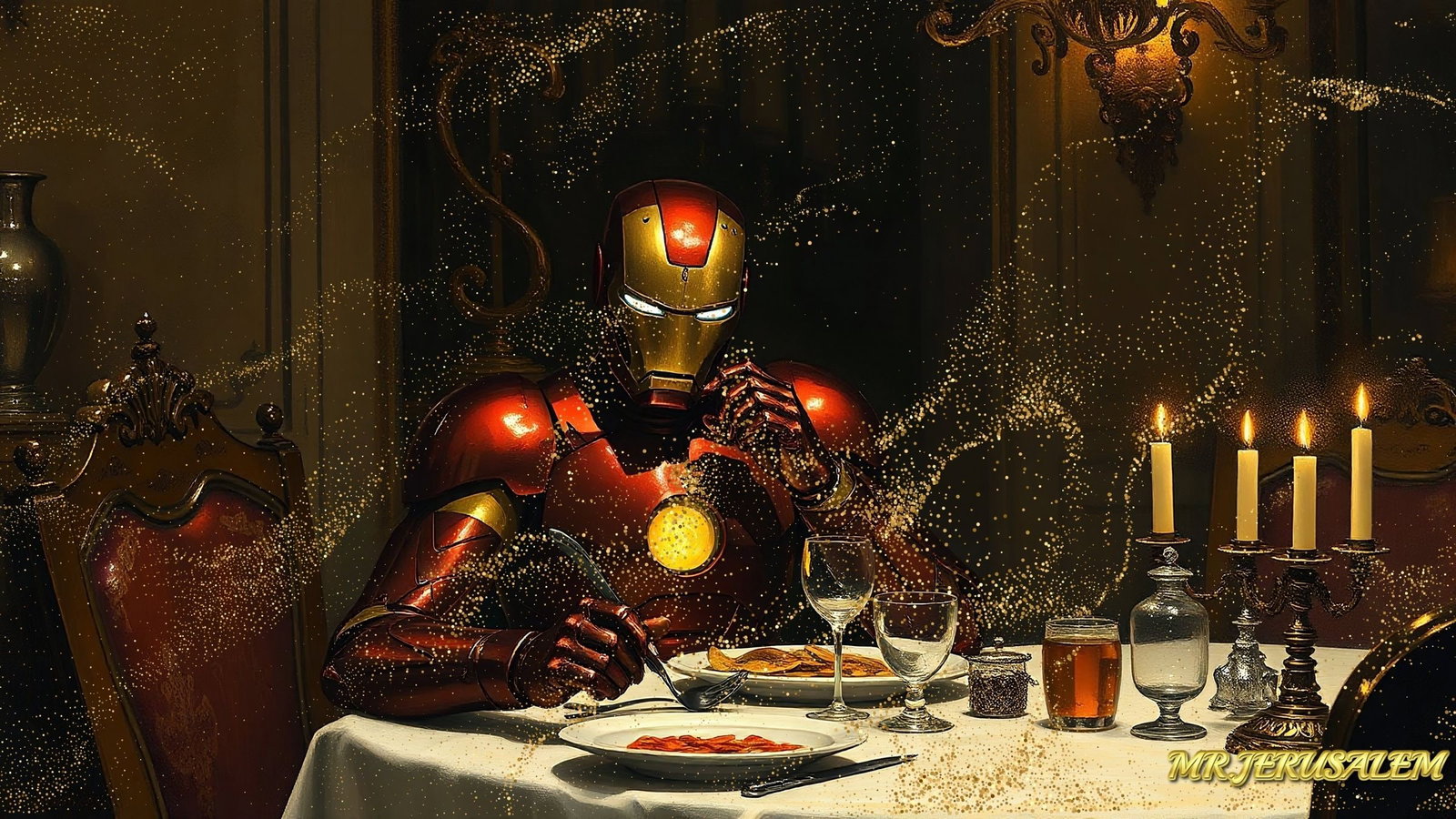 Ironman Dinner Alone-D1, Canvas Mixed Media, Limited Edition of 50 Pieces: Please note the images you see here for the artworks is protected with artist name in gold & gold glitter watermark. The original artworks will be unique and one-of-a-kind, hand painted with glue 