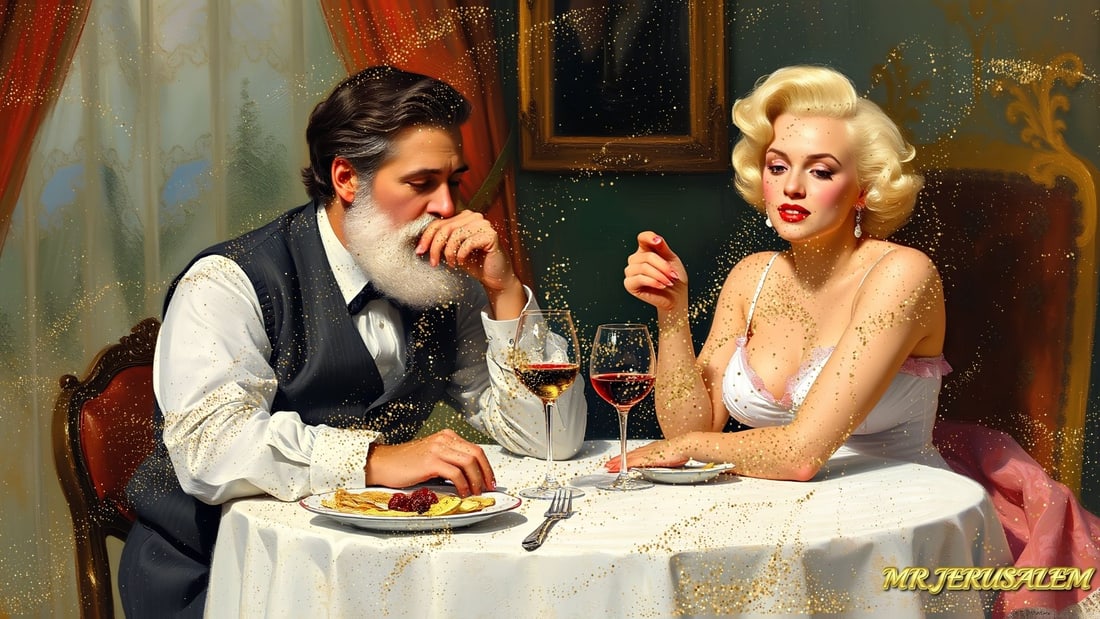 Claude Monet - Dinner With Marilyn Monroe-D1, Limited Edition of 50 Pieces, Signed & Numbered: Please note the images you see here for the artworks is protected with artist name in gold & gold glitter watermark. The original artworks will be unique and one-of-a-kind, hand painted with glue
