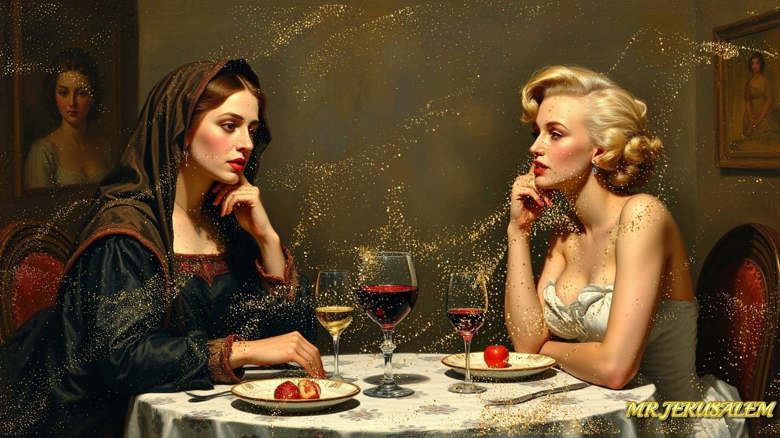 Mary Magdalene - Dinner With Marilyn Monroe-D2, Limited Edition of 50 Pieces, Signed & Numbered: Please note the images you see here for the artworks is protected with artist name in gold & gold glitter watermark. The original artworks will be unique and one-of-a-kind, hand painted with glue