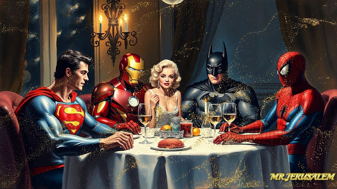 Superheroes - Dinner With Marliyn Monroe-D1, Limited Edition of 50 Pieces, Signed & Numbered: Please note the images you see here for the artworks is protected with artist name in gold & gold glitter watermark. The original artworks will be unique and one-of-a-kind, hand painted with glue 