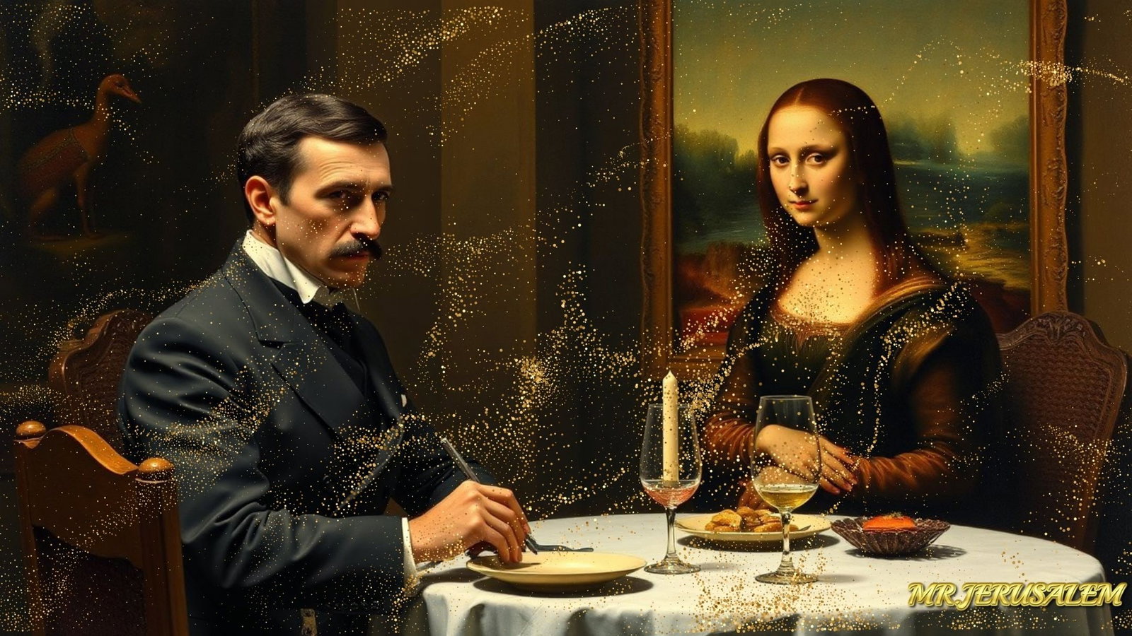 Nikola Tesla - Dinner With Mona Lisa-D1, Limited Edition of 50 Pieces, Signed & Numbered: Please note the images you see here for the artworks is protected with artist name in gold & gold glitter watermark. The original artworks will be unique and one-of-a-kind, hand painted with glue