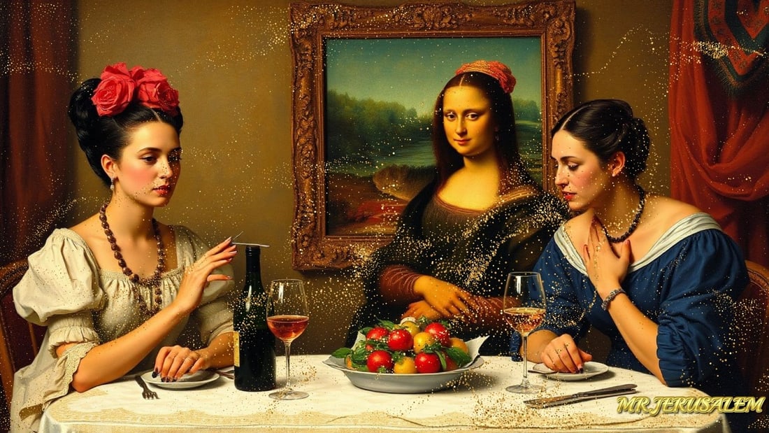 Frida Kahlo - Dinner With Mona Lisa-D2, Limited Edition of 50 Pieces, Signed & Numbered: Please note the images you see here for the artworks is protected with artist name in gold & gold glitter watermark. The original artworks will be unique and one-of-a-kind, hand painted with glue