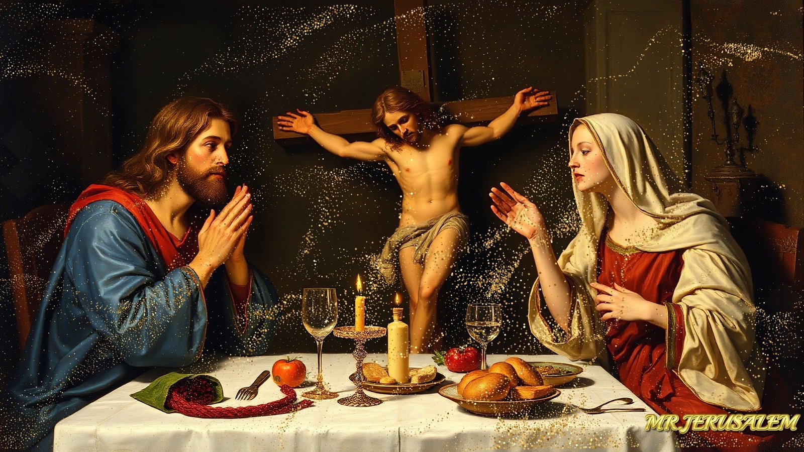 Jesus Christ Dinner With Saint Marry-D1, Limited Edition of 50 Pieces: Please note the images you see here for the artworks is protected with artist name in gold & gold glitter watermark. The original artworks will be unique and one-of-a-kind, hand painted with glue