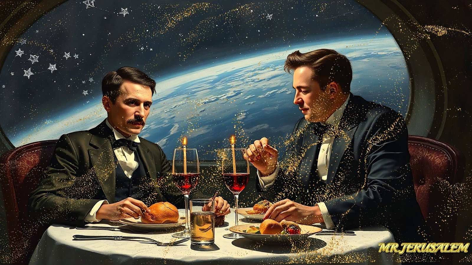 Elon Musk Dinner With Nikola Tesla-D2, Canvas Mixed Media, Limited Edition of 50 Pieces: Please note the images you see here for the artworks is protected with artist name in gold & gold glitter watermark. The original artworks will be unique and one-of-a-kind, hand painted with glue
