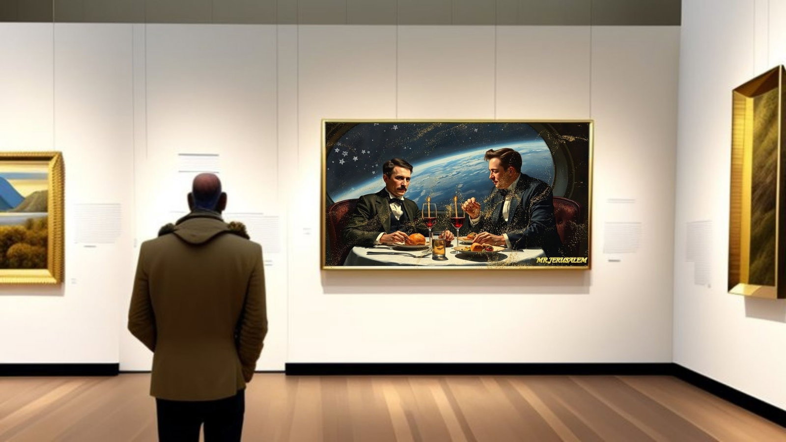 Elon Musk Dinner With Nikola Tesla-D2, Canvas Mixed Media, Limited Edition of 50 Pieces - 2