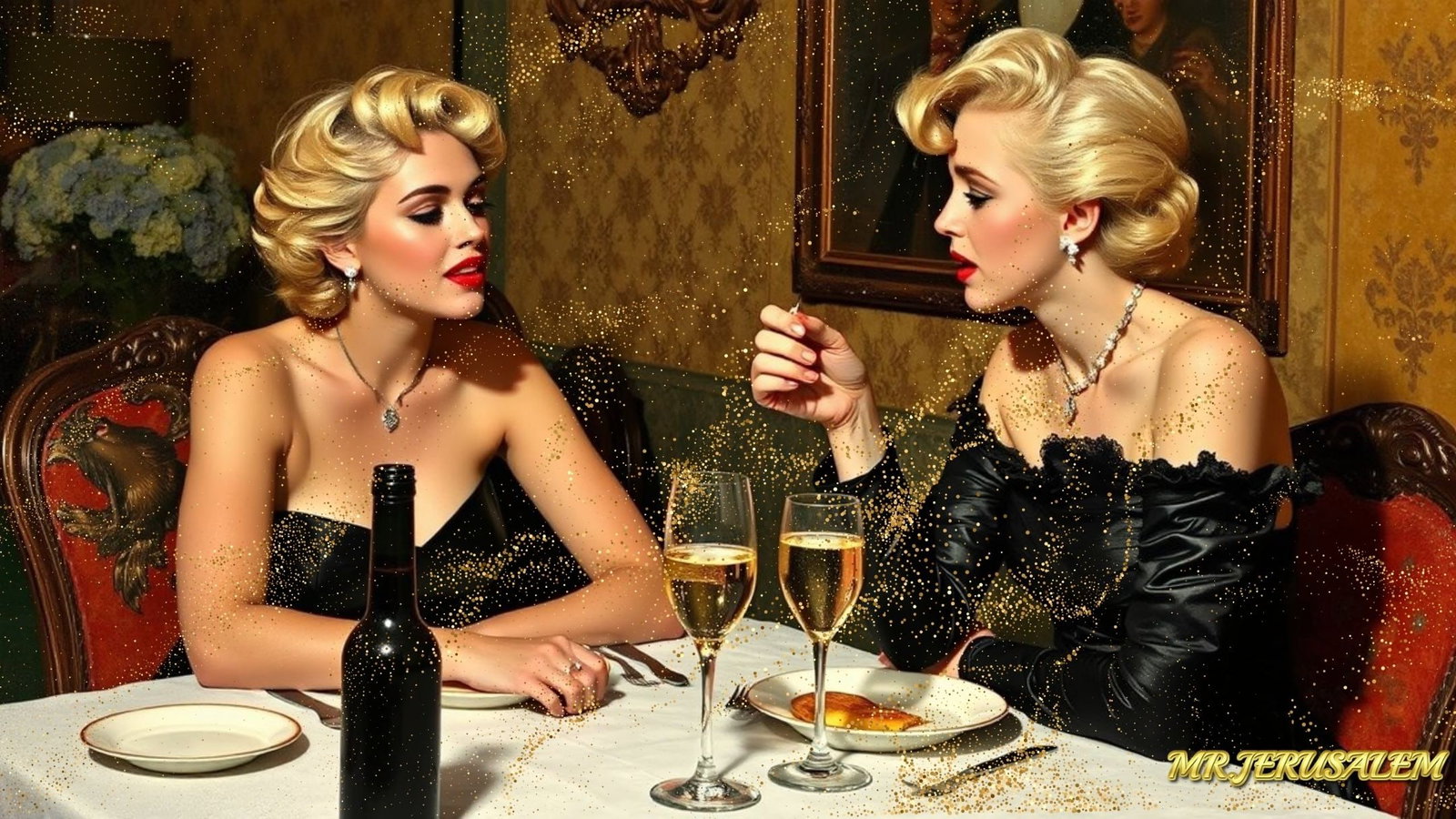 Miley Cyrus - Dinner With Marilyn Monroe-D1, Limited Edition of 50 Pieces, Signed & Numbered: Please note the images you see here for the artworks is protected with artist name in gold & gold glitter watermark. The original artworks will be unique and one-of-a-kind, hand painted with glue