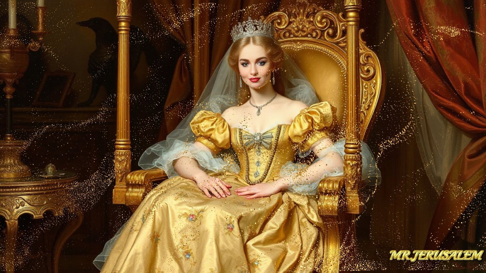 Princess On Chair-D3, Canvas Mixed Media, Limited Edition of 50 Pieces Signed and Numbered: Please note the images you see here for the artworks is protected with artist name in gold & gold glitter watermark. The original artworks will be unique and one-of-a-kind, hand painted with glue