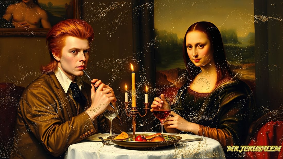 David Bowie - Dinner With Mona Lisa-D1, Limited Edition of 50 Pieces, Signed & Numbered: Please note the images you see here for the artworks is protected with artist name in gold & gold glitter watermark. The original artworks will be unique and one-of-a-kind, hand painted with glue