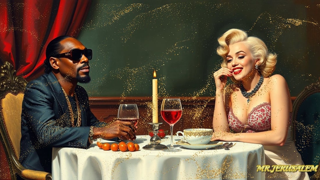 Snoop Dogg - Dinner With Marliyn Monroe-D2, Limited Edition of 50 Pieces, Signed & Numbered: Please note the images you see here for the artworks is protected with artist name in gold & gold glitter watermark. The original artworks will be unique and one-of-a-kind, hand painted with glue