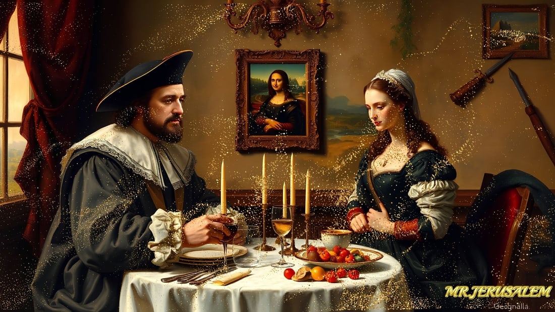 Christopher Columbus - Dinner With Mona Lisa-D2, Limited Edition of 50 Pieces, Signed & Numbered: Please note the images you see here for the artworks is protected with artist name in gold & gold glitter watermark. The original artworks will be unique and one-of-a-kind, hand painted with glue
