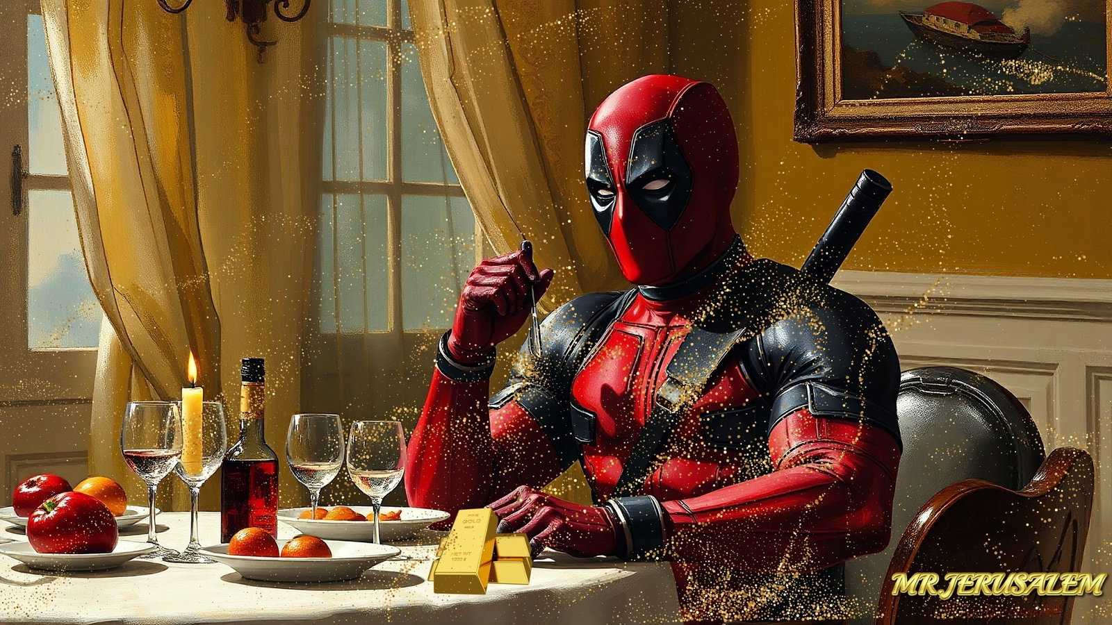 Deadpool Dinner Alone-D1, Canvas Mixed Media, Limited Edition of 50 Pieces: Please note the images you see here for the artworks is protected with artist name in gold & gold glitter watermark. The original artworks will be unique and one-of-a-kind, hand painted with glue