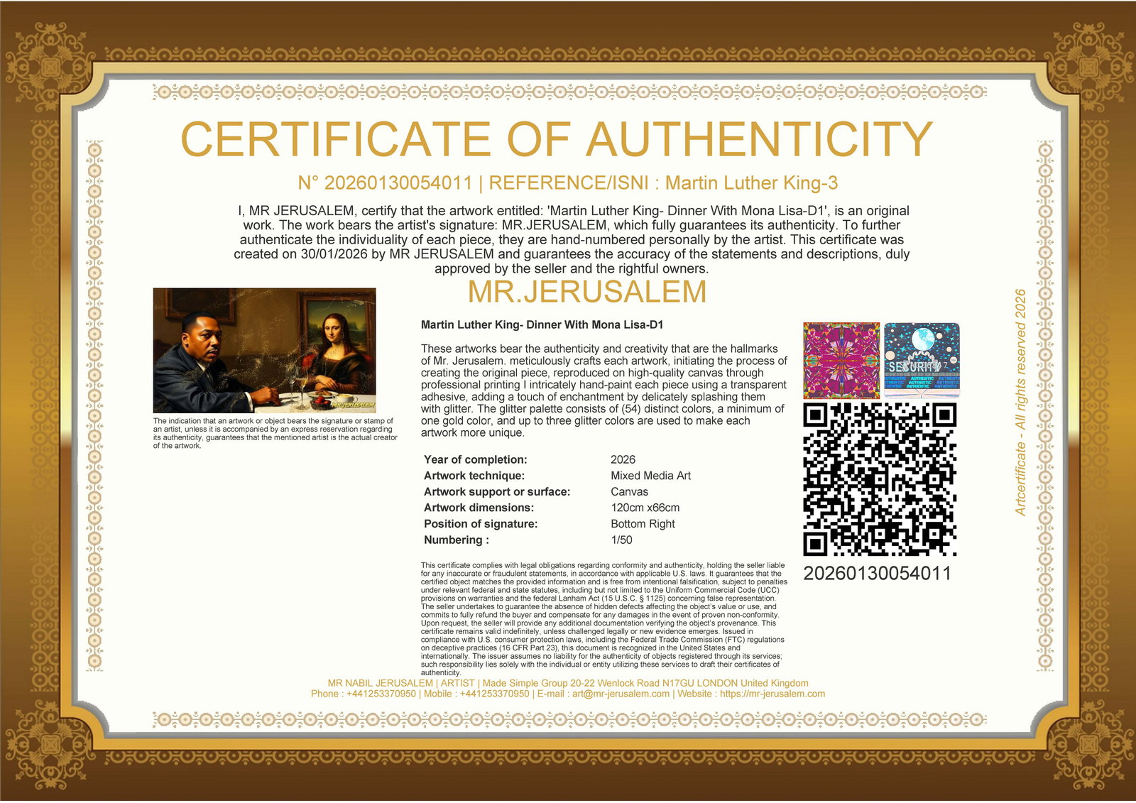 Martin Luther King - Dinner With Mona Lisa-D1, Limited Edition of 50 Pieces, Signed & Numbered - 3