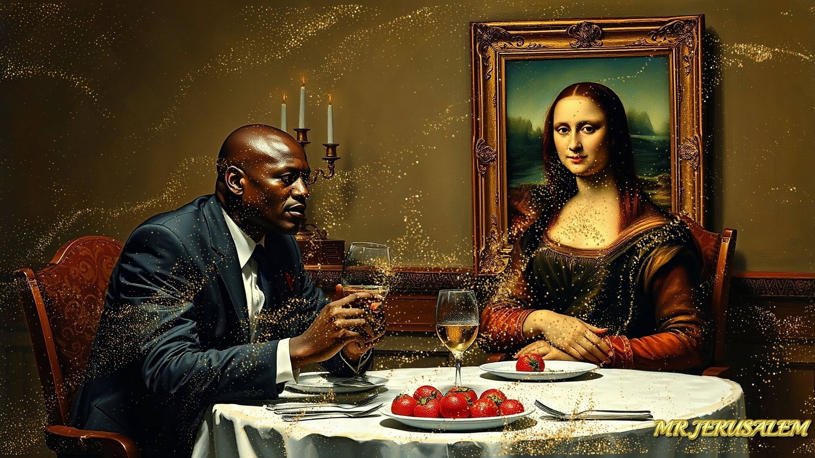 Michael Jordan - Dinner With Mona Lisa-D2, Limited Edition of 50 Pieces, Signed & Numbered: Please note the images you see here for the artworks is protected with artist name in gold & gold glitter watermark. The original artworks will be unique and one-of-a-kind, hand painted with glue