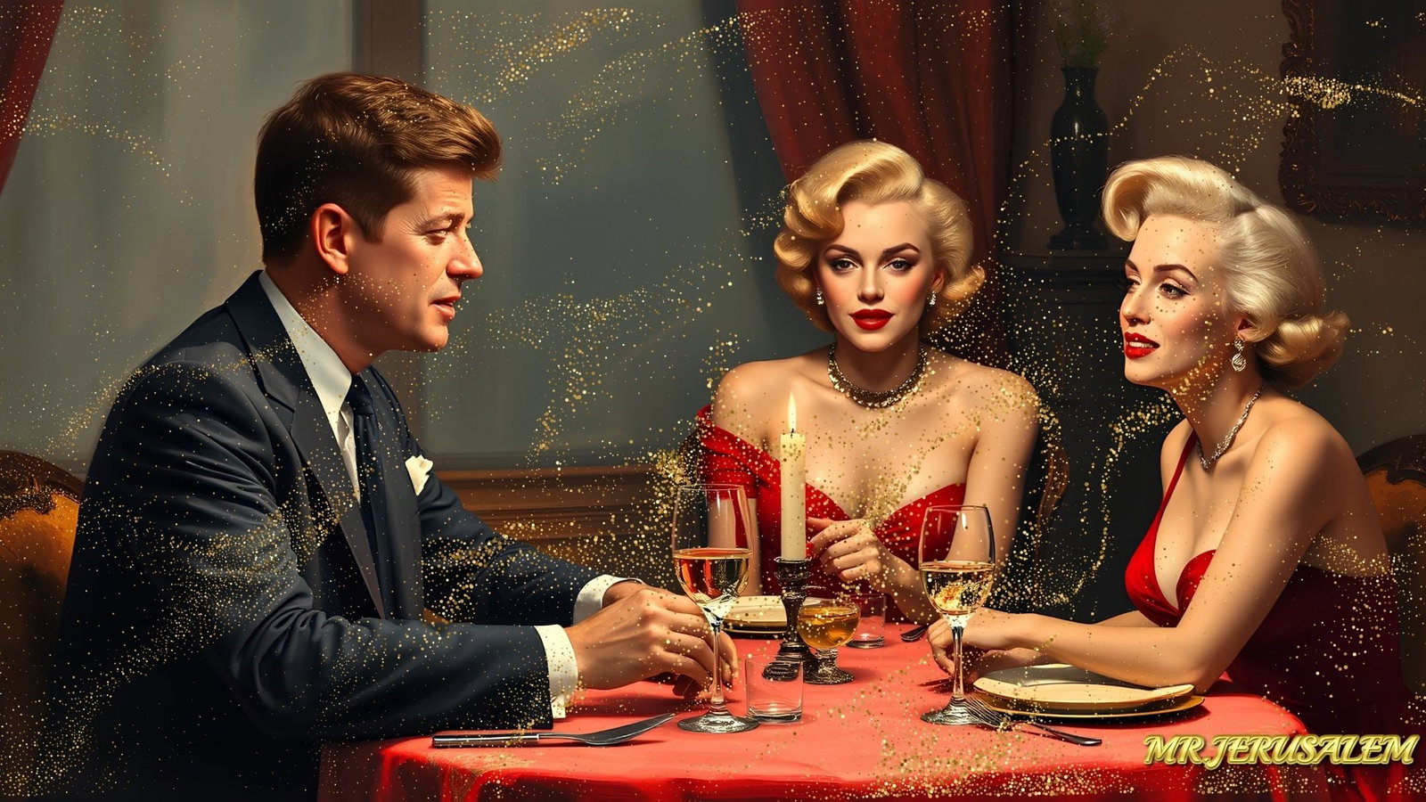 John F. Kennedy - Dinner With Marilyn Monroe-D2, Limited Edition of 50 Pieces, Signed & Numbered: Please note the images you see here for the artworks is protected with artist name in gold & gold glitter watermark. The original artworks will be unique and one-of-a-kind, hand painted with glue
