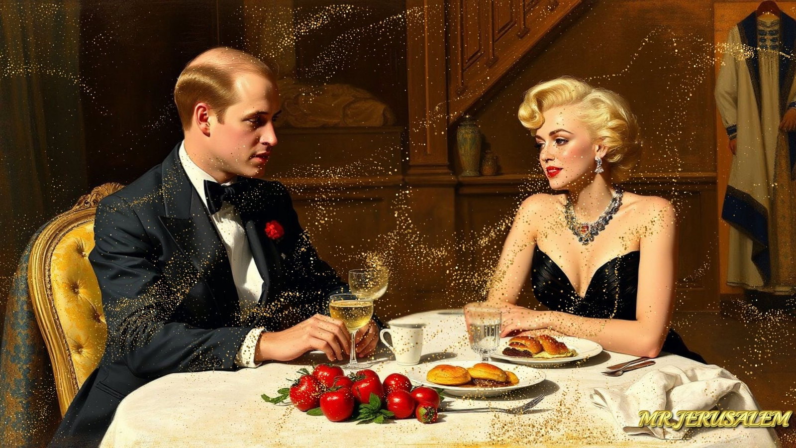 Prince William - Dinner With Marliyn Monroe-D2, Limited Edition of 50 Pieces, Signed & Numbered: Please note the images you see here for the artworks is protected with artist name in gold & gold glitter watermark. The original artworks will be unique and one-of-a-kind, hand painted with glue