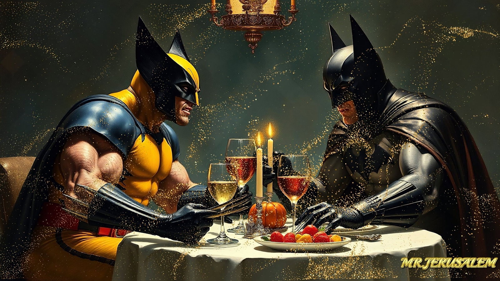 Wolverine- Dinner With Batman-D2, Limited Edition of 50 Pieces, Signed and numbered: Please note the images you see here for the artworks is protected with artist name in gold & gold glitter watermark. The original artworks will be unique and one-of-a-kind, hand painted with glue 